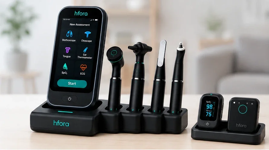 Hfora Smart Diagnostic Hub with stethoscope, otoscope, thermometer, tongue imager, pulse oximeter, and ECG module on charging dock