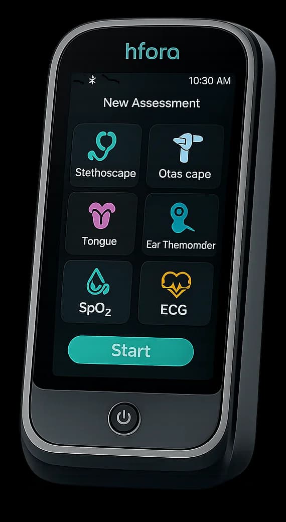 Hfora mobile app showing assessment dashboard with stethoscope, otoscope, tongue, thermometer, SpO2, and ECG modules